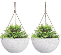 Ibenzoa® Lot de 2 pots suspendus de style bohème, blanc à motifs, en plastique/poudre de pierre naturelle, dimensions 25/10 x 12 cm, corde en coton de 50 cm, pour intérieur/extérieur, avec 4 trous de