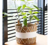 Ibenzoa® : Lot de 3 paniers de plantation tressés à la main, en 100 % algue marine, style bohème, couleur beige. Tailles : S 18x18x15 cm / M 22x22x18 cm / L 25x25x20 cm. Avec poignées et revêtement in