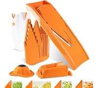 Ibenzoa® : Mandoline de découpe pour légumes – finition orange, base en acier inoxydable et en bois, réglage de l'épaisseur de coupe, ensemble complet avec lames, couteau et poignée