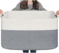 Ibenzoa® Panier pliable pour linge, 65 L – Panier de rangement rectangulaire en corde de coton, blanc/gris, pour le linge et les jouets