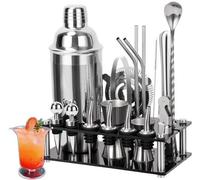 Ibenzoa® : Set de 20 pièces en acier inoxydable pour cocktails – Accessoires de bar professionnels comprenant un shaker, un doseur, un filtre, un pilon et un support, pour des cocktails parfaits