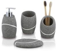 Ibenzoa® : Set de 4 organisateurs de salle de bain – Distributeur de savon 300 ml (7,6 x 15,2 cm), porte-brosses à dents et gobelet (7,6 x 10,2 cm), savonnette (13,5 x 8,9 cm), aspect pierre gris, rés