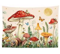 Ibenzoa® Tapis mural pour enfants, 200 x 150 cm – Polyester, motif champignons, papillons et escargots, beige/rouge/jaune, avec épingles incluses, polyvalent comme décoration murale et comme couvre-li