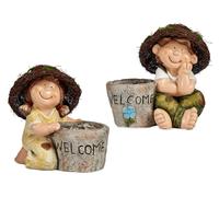 Ibergarden Enfant en polirésine avec chapeau et jardinière Welcome assortis 22x33x32 cm (Set de 2)