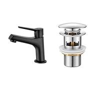 Ibergrif M11026B Arial, Mitigeur de Lavabo, Robinet de Salle de Bains Monocommande, Noir & M20502 vidage Salle de Bain, Bonde de Lavabo Pop Up, Chromé, Argent