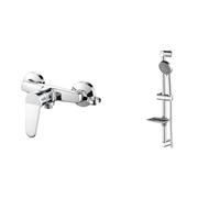 Ibergrif M12059-1, Mitigeur monocommande Douche, Robinet Douche Universel Filetage G1/2 & M20903 Ensemble Barre de Douche 55 CM, Douchette, Flexible, Porte-Savon, Chrome, Argent