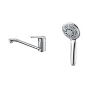 Ibergrif M14450, Mitigeur d'Evier, Robinet de Cuisine Monocommande, Mitigeur Cuisine Orientable & GRIFEMA COMPLENTO-G804 Douchette à Main 5 jets pour Salle de Bain, Moyen Pommeau de Douche
