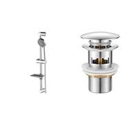 Ibergrif M20903 Ensemble Barre de Douche 55 CM, Douchette, Flexible, Porte-Savon, Chrome, Argent & M20502 vidage Salle de Bain, Bonde de Lavabo Pop Up, Chromé, Argent