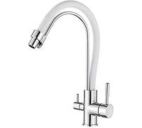 Ibergrif M22122-3 Robinet de Cuisine Poignée Double avec Bec Flexible, Mitigeur d'évier 3 Voies, Chrome, Blanc