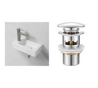 Ibergrif M41102-L, Lavabo Lave Main Blanc Rectangulaire en Céramique Suspendu pour Salle de Bains et WC & M20502 vidage Salle de Bain, Bonde de Lavabo Pop Up, Chromé, Argent