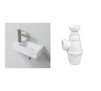 Ibergrif M41102-L, Lavabo Lave Main Blanc Rectangulaire en Céramique Suspendu pour Salle de Bains et WC & Wirquin 30723136 Siphon de lavabo Ø32 réglable en hauteur, blanc