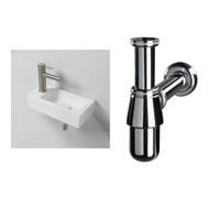 Ibergrif M41102-L, Lavabo Lave Main Blanc Rectangulaire & Wirquin 30719890 Siphon de lavabo en laiton Ø32 avec sortie murale et réglable en hauteur, chromé