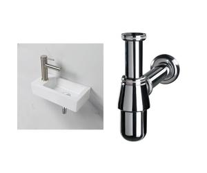 Ibergrif M41102-L, Lavabo Lave Main Blanc Rectangulaire & Wirquin 30719890 Siphon de lavabo en laiton Ø32 avec sortie murale et réglable en hauteur, chromé
