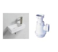 Ibergrif M41102-R, Lavabo Lave Main Blanc Rectangulaire en Céramique Suspendu pour Salle de Bains et WC & Wirquin SP3178 Siphon de lavabo et lave-mains à culot court, blanc