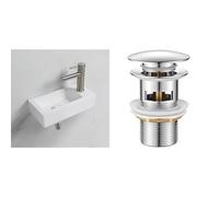 Ibergrif M41102-R, Lavabo Lave Main Blanc Rectangulaire en Céramique Suspendu pour Salle de Bains et WC & M20502 vidage Salle de Bain, Bonde de Lavabo Pop Up, Chromé, Argent