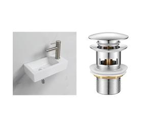 Ibergrif M41102-R, Lavabo Lave Main Blanc Rectangulaire en Céramique Suspendu pour Salle de Bains et WC & M20502 vidage Salle de Bain, Bonde de Lavabo Pop Up, Chromé, Argent