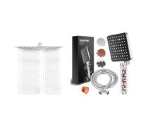 Ibergrif Tete de Douche Inox - Economie d'Eau, Pommeau Carré 30CM, Tete Pluie Universelle & Pommeau de Douche avec Tuyau 1.6m, YEAUPE PRO Pommeau de Douche Economie eau avec 6 Modes