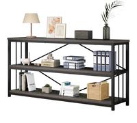 IBF Bibliothèque 3 Niveaux 160cm métal Horizontal Rangement chêne Foncé | Cadre Métal Solide Panneau Anti Rayure Pieds Ajustables Sans Perçage Rangement Livres Salon Chambre Bureau Déco Loft Rustique