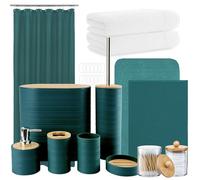 Icegrey 25 pièces Ensemble d'accessoires de Salle de Bain avec Rideau de Douche et Tapis, Brosse WC, Poubelle, Distributeur de Savon, Vert foncé