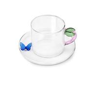 Ichendorf Milano Tasse à thé feuille avec soucoupe papillon bleue, collection Fruits & Flowers, 30 cl, verre borosilicaté, fait à la main