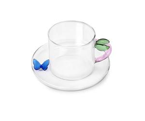 Ichendorf Milano Tasse à thé feuille avec soucoupe papillon bleue, collection Fruits & Flowers, 30 cl, verre borosilicaté, fait à la main