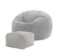 Icon Kingston Pouf Velours Côtelé avec Tabouret, Pouf Poire avec Remplissage, Fauteuil Salon Confortable, Fauteuil Chambre, Meuble Salon, Decoration Chambre, Gris