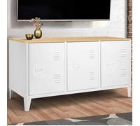 IDMARKET Buffet bas 113 cm ESTER 3 portes métal blanc plateau bois design industriel
