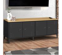 IDMarket - Buffet Bas 140 cm Ester 4 Portes métal Noir et Plateau Bois Design Industriel