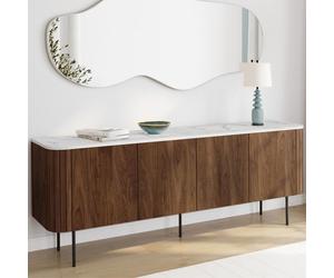 ID MARKET buffet 4 portes 160 cm Moderne bois effet noyer et plateau marbre blanc ALASKA
