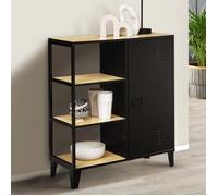 IDMarket - Buffet d'appoint 3 étagères et Placard métal Noir et Plateau Bois 70 cm Ester Design Industriel
