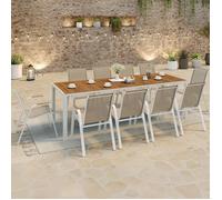 IDMarket – Salon de jardin NOUMEA Table 240 cm verre trempé effet bois + 10 chaises blanc/bois