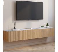 IDMarket Meuble TV suspendu Juliette 180 cm 2 portes plateau effet marbre lattes tasseau bois chêne
