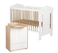 IDA Ensemble Lit bébé évolutif et commode 120x60 sans barrière Blanc / Bois | Plan à langer amovible, 4 étagères réglables et tiroir. Sommier ajustable sur 3 hauteurs avec 3 barreaux amovibles.