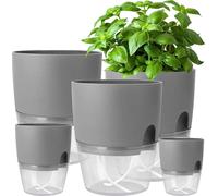 iDattel Pot d'herbes aromatiques auto-irriguant Set de 5 pour la cuisine et le rebord de fenêtre, 15.3/10.5/8.2cm, Gris