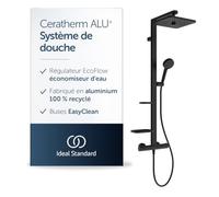 Ideal Standard Ceratherm Alu+ Système de douche, pommeau de douche à économie d'eau avec thermostat, pommeau de douche carré avec jets variables - Noir Mat (345x501x1113 mm)