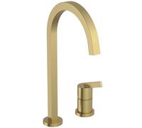 Ideal Standard - Gusto Mitigeur de cuisine à deux trous, Bec carré en C, avec la cartouche FirmaFlow, bec pivotant à 360°, Raccord vissé par le bas, Brushed Gold