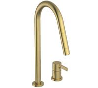 Ideal Standard Gusto robinet de cuisine 2 trous BD424A2 or brossé, avec bec haut et douchette extractible 2 fonctions