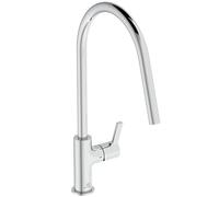 Ideal Standard - Gusto Mitigeur de cuisine, Bec rond en C, avec la cartouche FirmaFlow, basse pression, bec pivotant à 360°, facile à installer avec la fixation EasyFix+, Chrome