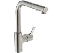 Ideal Standard - Gusto Mitigeur de cuisine, Bec rond en L, avec vaporisateur extractible et d'un double spray, bec pivotant à 360°, facile à installer avec la fixation EasyFix+, Silver Storm