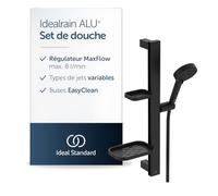 Ideal Standard Idealrain Alu+ douche combinée - Noir Mat | Douchette (8 l/min), 2 types de jet commutables par rotation, avec tablettes réglables, BD586XG
