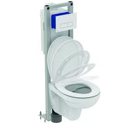 Ideal Standard TIRSO Pack WC suspendu Blanc, Bâti support Prosys Autoportant, Cuvette Sans Bride, Abattant Frein de Chute, Plaque de commande, Chasse 3/6L, Sortie horizontale, Kit fixations, R0342AC