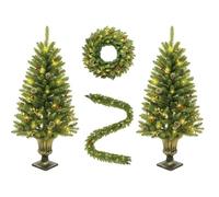 IDEALHOUSE Lot de 4 guirlandes de Noël avec LED : 2 x 120 cm d'arbres de Noël artificiels en pot + couronne et guirlande lumineuse avec pommes de pin/baies rouges, guirlande lumineuse LED blanc