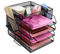 ideallife Corbeille à courriers empilable en métal - Porte-revues avec 4 bacs à courriers - Avec 2 porte-stylos - Pour bureau, école, maison (4 niveaux)