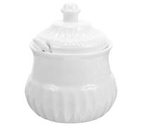 IDEANATEGRATE Pot à Sucre en Céramique Blanc avec Cuillère, Finition Polie Lisse, Facile à Nettoyer, Maison Restaurant, Design Baroque avec Relief Élégant