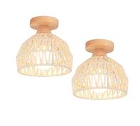 iDEGU 2 Pack Plafonnier Vintage Lustre Industriel en Bois et Rotin Cage Abat-jour Lampe de Plafond E27 Luminaire Décoration Éclairage Plafond pour Chambre Entrée Couloir Café (20CM, Rotin Blanc)
