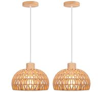 iDEGU 2 Pack Suspension Luminaire Vintage 25CM Lustre Industriel en Bois Rotin Abat-jour Plafonnier E27 Éclairage de Plafond Décoration Lampe Suspendue pour Salon Chambre Salle à Manger Café (Marron)