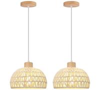 iDEGU 2 Pack Suspension Luminaire Vintage 25CM Lustre Industriel en Bois Rotin Abat-jour Plafonnier E27 Éclairage de Plafond Décoration Lampe Suspendue pour Salon Chambre Salle à Manger Café (Blanc)