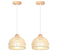 iDEGU 2 Pack Suspension Luminaire Vintage Lustre Industriel en Bois Rotin Abat-jour Plafonnier E27 Éclairage de Plafond Décoration Lampe Suspendue pour Salon Chambre Salle à Manger Café (20CM, Blanc)