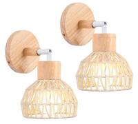IDEGU 2pcs Applique Murale Intérieure Rétro Lampe Murale en Rotin et Bois Ajustable Luminaire Plafonnier Style-D Rotin Blanc,Ø15cm