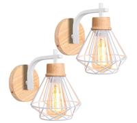 IDEGU 2PCS Applique Murale Vintage en Cage Blanc,16CM Lampe Murale Industrielle en Fer Bois Rétro Luminaire E27 Éclairage Mural